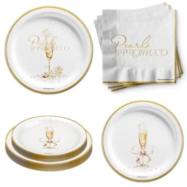 Imagem de Pearls and Prosecco Bridal Shower Party Supplies - 24 Piece Tableware Set Includes Large 9" Dinner Plates and 7" Dessert Paper Plates Napkins