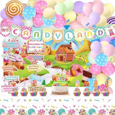 Imagem de Fiesec 134 Peças Decorações De Festa Candyland, Decorações De Festa De Aniversário Com Tema Candyland Pano De Fundo Balão Guirlanda Banner Toalha De Mesa Bolo Cupcake Topper Placa Direcional Pirulito