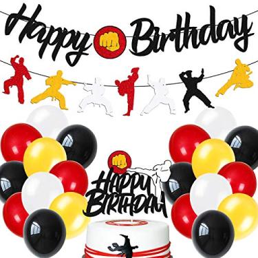 Imagem de Ohiviaaa Kit de decoração de aniversário de karatê, taekwondo, banner de feliz aniversário, topper de bolo de karatê, balões de látex para homens, mulheres, crianças, meninos, meninas, mater