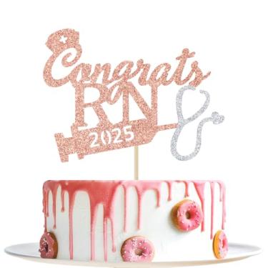 Imagem de Topo de bolo Rose Gold Glitter Congrats RN 2020, Decoração de festa de formatura, 2020 Enfermeira Congrats Grad Photo Prop