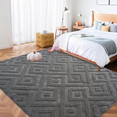 Imagem de Lacomfy Tapete de área moderna, 1,5 x 1,8 m grande abstrato alto-baixo tapete para quarto sala de estar escritório dormitório, neutro, não derrama, geométrico, tapete felpudo antiderrapante para