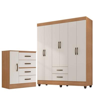 Imagem de Kit Guarda-roupa Casal 6 Portas E Cômoda Sapateira 1 Porta Lisa Nature/off White