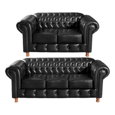 Imagem de Conjunto Sofás 2 E 3 Lugares Chesterfield Luís Xv Vintage Retrô Capitonê Couro Preto