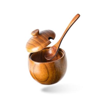 Imagem de Hefild Recipiente De Sal Madeira Jujuba Para Bancada, Capacidade 6 Onças, Adega Com Tampa E Colher, Caixa 3,3 X 3,5 Pol., Suporte Exclusivo Cozinha, Elegante Tigela Pimenta