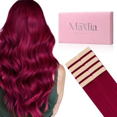 Imagem de MAXITA Extensões De Cabelo Com Fita Adesiva, Borgonha, Vermelho, 10 Unidades, 25G, 18" (45 Cm), Extensão Real, Lisa E Macia, Cola Vinho