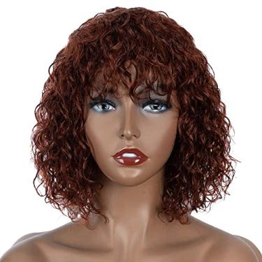 Imagem de FASHION IDOL Peruca De Cabelo Humano Cacheado Bob Com Franja Para Mulheres Negras, 25 Cm, Ondas Profundas, Brasileira, Virgem, Ruiva, Castanha, Curta, Densidade 150%