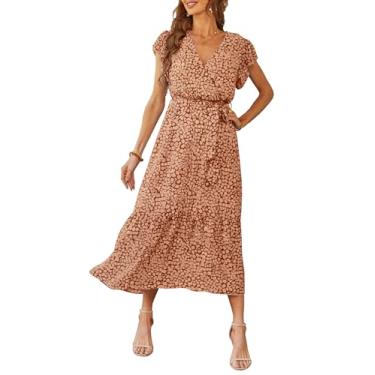 Imagem de PRETTYGARDEN Vestido longo feminino de verão floral boho manga curta gola V babados evasê rodado casamento convidada vestido longo, Café, M