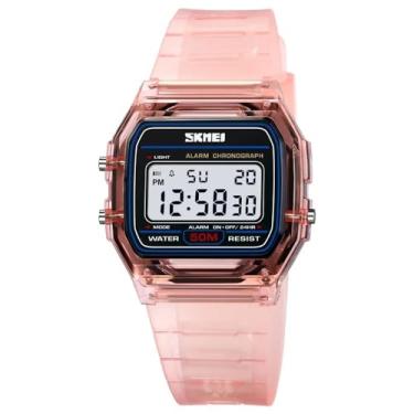 Imagem de Relógio de pulso feminino com pulseira de TPU transparente, à prova de choque, com visor retroiluminado e cronômetro, relógio digital feminino (Pink)