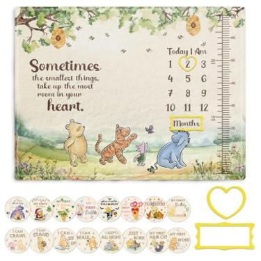 Imagem de Cobertor mensal The Pooh Baby, tabela mensal de crescimento do Winnie, citações do Ursinho, decoração com cartolina impressa dupla face (16 momentos inesquecíveis de bebês) 76 x 101 cm