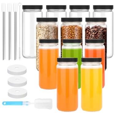 Imagem de Zukro Garrafas de suco de vidro com tampas de 473 ml | Pacote com 12 frascos de boca larga à prova de vazamento, transparente, reutilizável, com 3 canudos para suco, smoothie, água, chá de bolhas |