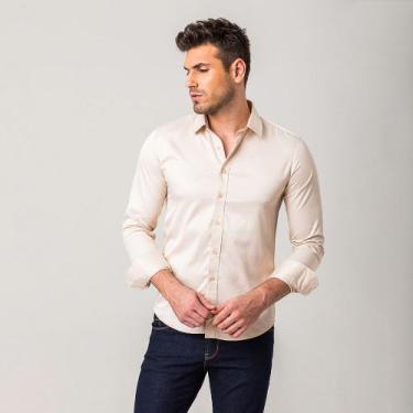 Imagem de Camisa Masculina Manga Longa Botões Zune, Bege, P, Masculino