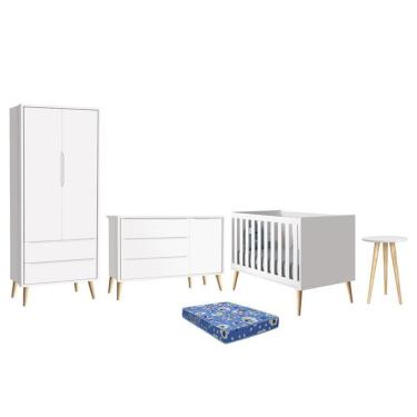 Imagem de Dormitório Theo Retrô 2 Portas, Cômoda 1 Porta, Berço, Mesa de Apoio com Pés Madeira Natural e Colchão - Reller Móveis Branco Fosco