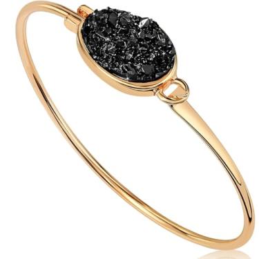 Imagem de Bracelete Feminino Simulado com Estampa de Droga Humble Chic – Bracelete Bóho com Glitter Simples e Fio Fino em Tons Dourados – Pedra Geódio Brilhante Boêmia Preto