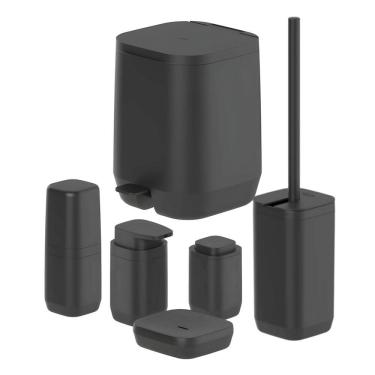 Imagem de Kit Banheiro 6pç Lixeira 6L + Porta Sabonete Escova Cotonete Dispenser Preto - Aura Ou 