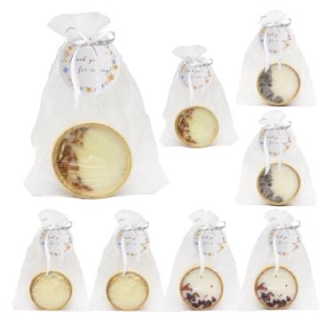 Imagem de Velas perfumadas de cera de soja em tigelas de madeira, conjunto de 8 lembrancinhas de festa com flores secas, sacos de malha e etiquetas de agradecimento, pacote de presente feito à mão, boêmio