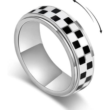 Imagem de YILUOCD Anel Fidget Xadrez para Homens e Mulheres, Aço Inoxidável Banhado a Ouro 18K, Giratório, Ansiedade, Giratório, Joia para Adultos, Moderno Anel de Xadrez Preto e Branco Presente, 9, Aço