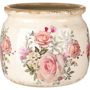 Imagem de Ninehaoou Vaso de rolagem de cerâmica, vaso rústico, rosa europeia, bege e laranja, 13 cm, vaso de flores para plantas de interior, decoração de cozinha, casa de fazenda, presente decorativo antigo