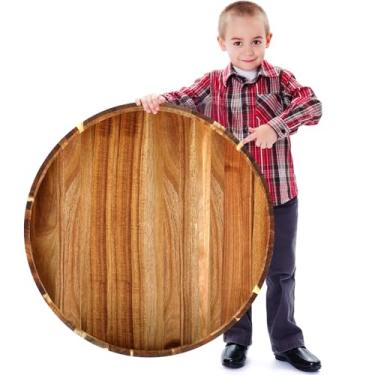 Imagem de Blushtier Bandeja de otomana redonda extra grande de 66 cm com alças, bandeja decorativa de madeira de acácia, grande para sala de estar, mesa de centro, café da manhã na cama, chá e frutas