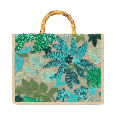Imagem de Abvokury Bolsa de mão floral bordada com alça de bambu para festa de casamento, Verde, 11.5 inches x 15 inches x 4 inches