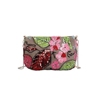 Imagem de QWINEE Bolsa feminina de lantejoulas com bordado floral para noite elegante mini bolsa transversal bolsa de festa de casamento, Verde e rosa, One Size