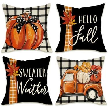 Imagem de Fahrendom Hello Fall Pumpkin Capas de almofada decorativas 45,7 x 45,7 cm, conjunto de 4, suéter de caminhão de colheita de outono para varanda e pátio, capa de almofada de sofá xadrez de fazenda