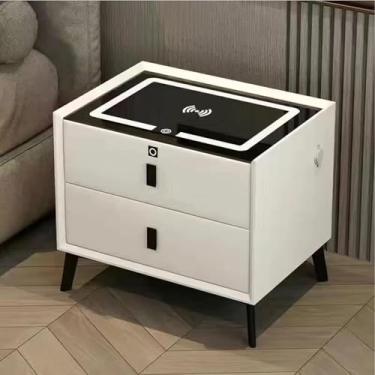 Imagem de Mesa De Cabeceira Inteligente Com 3 Gavetas, Usb, Luz De Três Cores, Porta De Carregamento Sem Fio E Trava De Impressão Digital, Alto-falante Bluetooth Mesa La, White, 2 drawers with locks