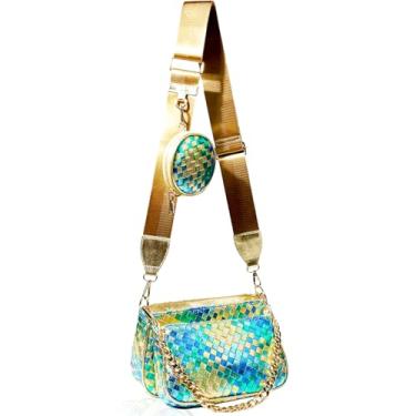 Imagem de DSGUTWO Bolsa tiracolo pequena de tecido feito à mão para mulheres com bolsa de moedas, bolsa de ombro de designer conjunto de 3 peças, mini bolsa clutch, Verde multicolorido, One Size, Bolsa de ombro