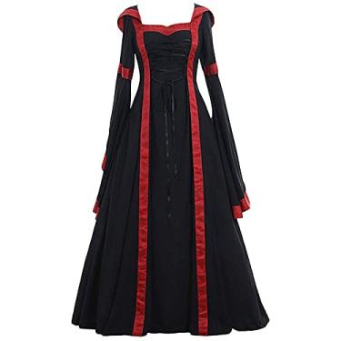 Imagem de Vestido feminino renascentista medieval irlandês com capuz vintage gótico fada vestido de baile Chemise Lace Up vestido de manga comprida rodado vestido de festa, Preto + vermelho, M