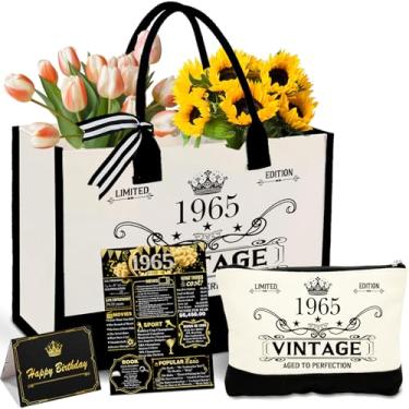 Imagem de GemsLives Sacola feminina de lona para presente de aniversário de 60 anos, presente personalizado para mulheres/mãe/tia/amigas/esposa/irmã, sacola de lona vintage 1965 + bolsa de cosméticos e pôster