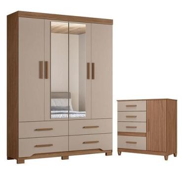 Imagem de Guarda Roupa Solteiro Miami e Cômoda Vênus com pés Carvalho Fendi  Mov