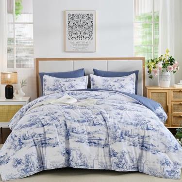 Imagem de WONGS BEDDING Conjunto de edredom azul casal, 7 peças, edredom azul com lençóis, estampa botânica vintage, conjunto de cama completo de microfibra leve e macia para todas as estações