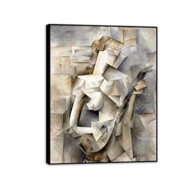 Imagem de Picasso Impressão de arte de parede menina com bandolim pôster impressões de arte abstrata cópia de pinturas famosas quarto sala de estar bar decoração legal para casa 90 x 70 cm (36 x 28 pol) moldura