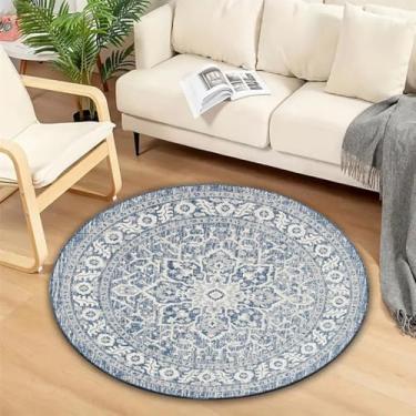 Imagem de ESSMOKO Tapetes tapete redondo estilo arroquino estilo caxemira, tapete de estar e quarto para casa, de fácil cuidado, padrão azul e branco, 80 cm