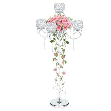 Imagem de Castiçal de cristal de metal de 127 cm com pingentes - Peça central de piso / mesa de várias alturas para decoração de casa, eventos de casamento e festa - Design elegante de tigela de cristal (prata