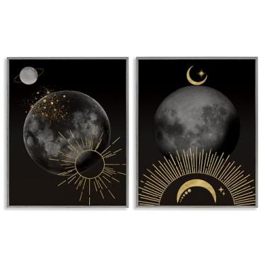 Imagem de Stupell Industries Conjunto de arte giclée emoldurado cinza celestial dourado sol e lua 2 peças por Daniela Santiago, 14 x 11