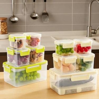 Imagem de Conjunto de 5 Potes de Plástico com Tampa com Vedação Cesto Interno Removível Empilhável Organizadores de Geladeira e Cozinha Transparente com Verde Bege