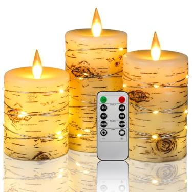 Imagem de Velas de LED sem chamas pintadas à mão efeito casca de bétula embutida conjunto de velas de corda de luz de 3 (H4,14.2 cm) velas de cera real marfim operadas por bateria com chama LED dançante