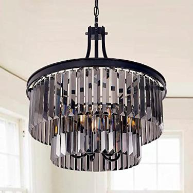 Imagem de Wellmet Lustres de cristal preto, 5 lustres de fazenda leves para sala de jantar, luminária suspensa com cristal cinza, luzes de teto de 2 camadas para sala de estar, cozinha, quarto, entrada, 40 cm D