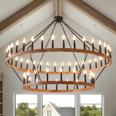 Imagem de HHR Lustre de roda de vagão de camada dupla com superfície de grão de madeira de 152 cm, luminária pendente extra grande de 54 luzes, lustre de teto alto redondo para sala de jantar, sala de estar