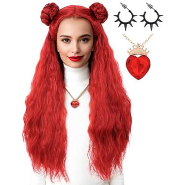 Imagem de Peruca vermelha ondulada longa com pães de cabelo trançados, incluindo colar e brincos vermelhos para cosplay, fantasia, festa de Halloween (adulto)