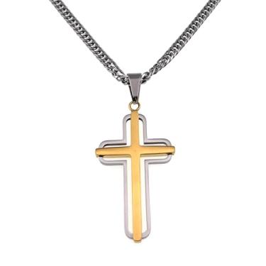 Imagem de Colar com cruz para homens, pingente moderno de aço inoxidável em camadas, corrente durável de 50 cm, joia elegante feita à mão, presente masculino, normal, Aço inoxidável, Sem Pedra Preciosa