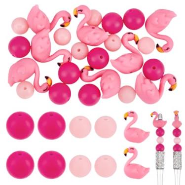 Imagem de PH PandaHall 24 peças de contas de silicone flamingos 12/15 mm contas redondas rosa em forma de flamingo contas focais contas fofas de artesanato de animais para canetas com contas cordões pulseira
