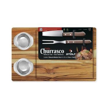 Imagem de Kit Churrasco Madeira Teca Com Garfo E Faca E 2 Potes Inox - Stolf