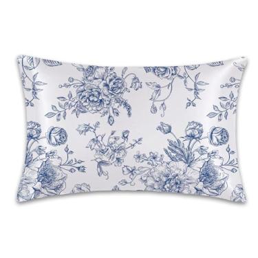 Imagem de Capa de almofada de cetim azul flores peônias rosas tamanho Queen, fronhas macias para cabelo e pele semelhantes à seda, fronhas com zíper oculto acessórios de cama, 50 x 76 cm, 1 pacote