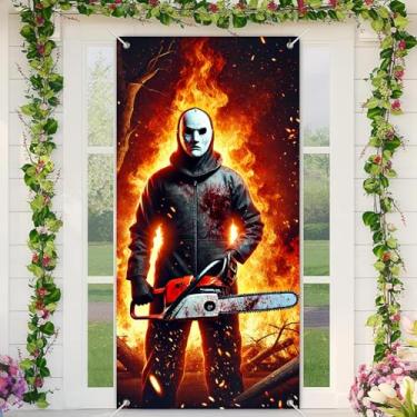 Imagem de BlissYard Capa de porta de dia das bruxas 89 x 188 cm para decoração de banners de porta de varanda para outono motosserra mascarada homem com fundo de fogo para fundo de sinalização decoração de