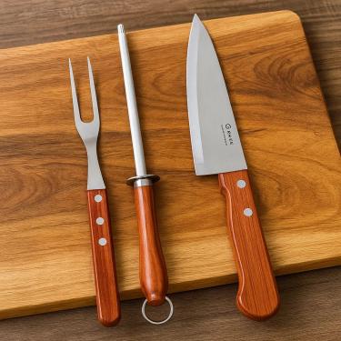 Imagem de Kit Churrasco Aço Inox com Cabo de Madeira Faca Garfo Amolador Chaira Branco 3 Peças