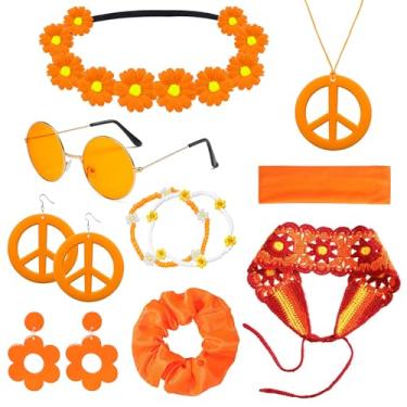 Imagem de FEYIR Conjunto de acessórios de fantasia hippie dos anos 60 e 70 para mulheres, acessórios de sinal de paz para discoteca, Halloween, cosplay, roupa hippie, Laranja, Adjustable