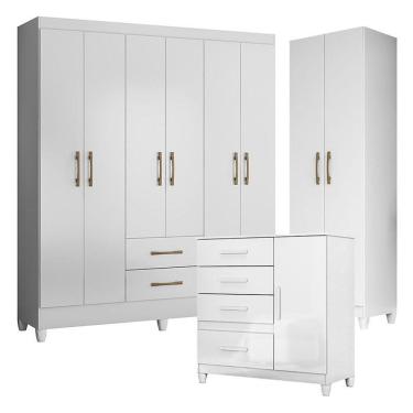 Imagem de Guarda Roupa Casal Panamá Com Cômoda Vênus Com Pés E Armário Multiuso New íris Branco Brilho– Moval