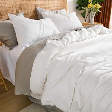 Imagem de Cozaline Conjunto de edredom king 100% algodão – branco brilhante, textura semelhante a linho, super macio e respirável, conjunto de cama leve, 3 peças de percal durável para todas as estações