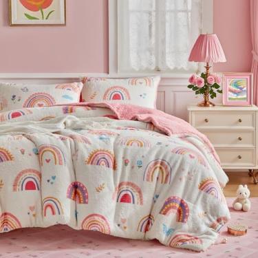 Imagem de Joyreap Conjunto de edredom Queen de lã de ovelha fofa, design de arco-íris rosa para meninas, conjunto de cama felpudo de pelúcia quente para o inverno - 223 x 223 cm
